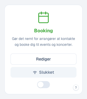 Booking-modulet under Mit indhold (slukket) Booking-modulet på DanskeMusikere.dk i slukket tilstand — kortet du finder under Mit indhold med 'Rediger'-knap og en kontakt der tænder/slukker modulet