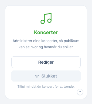 Koncerter-modulet under Mit indhold (slukket) Koncerter-modulet på DanskeMusikere.dk i slukket tilstand — kortet under Mit indhold der lader dig tilføje koncerter med dato, sted og billetlink, og tænde modulet så de vises i koncertoversigten